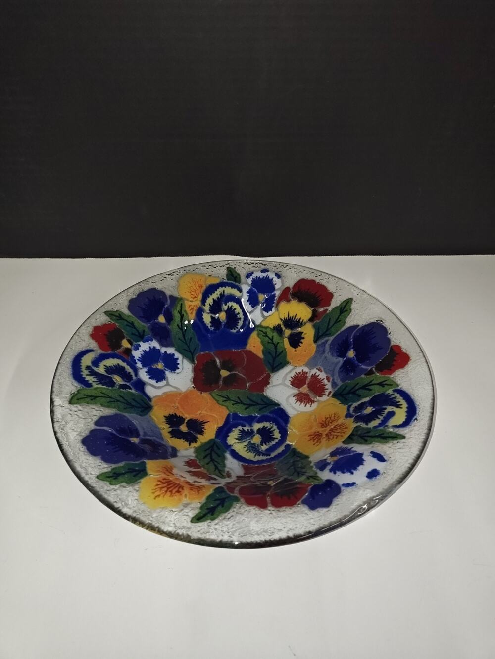 Vintage Peggy Karr Fused Art Glass Botanical Pansies Flowers Shallow Bowl Signed